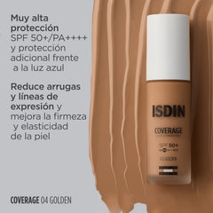 ISDIN Coverage SPF 50+ 4.0 Golden, Base De Maquillaje Con Alta Protección Que Unifica El Tono Y Aporta Cobertura Modulable Con Acción Antiedad, Maquilla, Protege Y Cuida En Un Solo Gesto -30 ml
