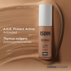 ISDIN Coverage SPF 50+ 4.0 Golden, Base De Maquillaje Con Alta Protección Que Unifica El Tono Y Aporta Cobertura Modulable Con Acción Antiedad, Maquilla, Protege Y Cuida En Un Solo Gesto -30 ml